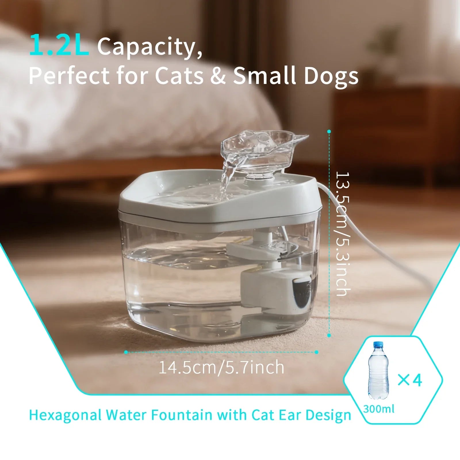 Cat Fountain 1.2L/42.23fl oz Cat Water Dispenser Pet Drinking Fountain, USB Powered - Suitable for Cats/Small to Medium Dogs